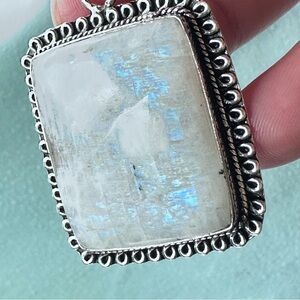 Artisan Rainbow Moonstone Pendant with Blue Flash Square Cut Silver Bezel